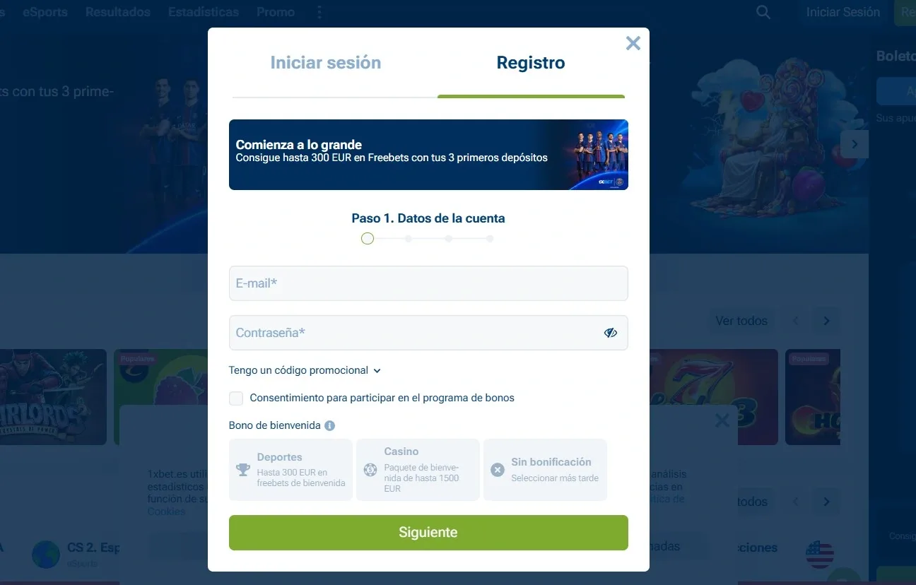 Registro rápido 1xBet con datos personales